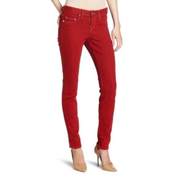 True Religion Halle Phantom American Flag Logo Tomato Red Skinny Jeans, Size 27 - Picture 3 of 16